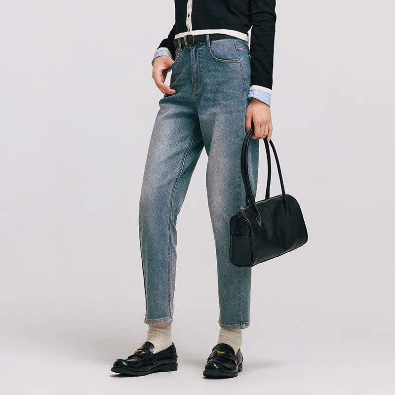 Women's Vintage Washed Tapered Jeans - Brushed Denim Loose Long Fit Winter Pants