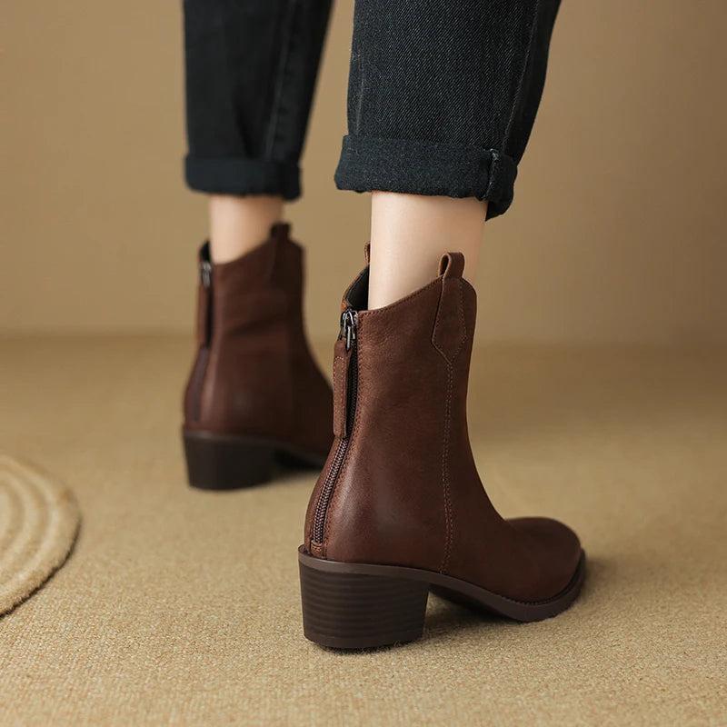 Women's Short Genuine Leather Thick Heels Pointed Toe Ankle Boots