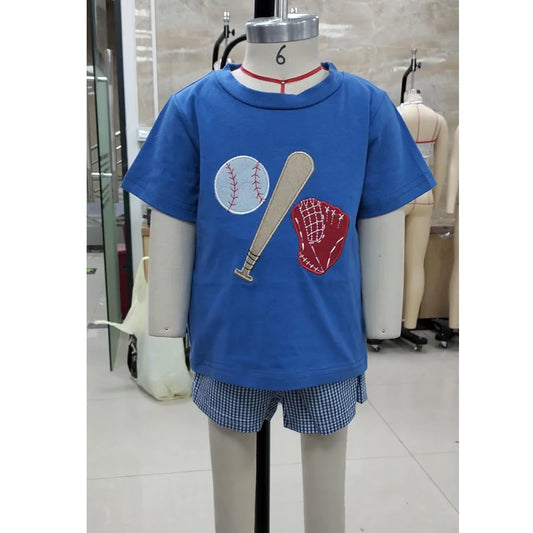 Baby Boys Baseball Outfit Set - Embroidery T-Shirt with Plaid Shorts