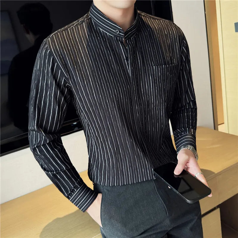 Men's Striped Stand Collar Long Sleeve Single Breasted Shirt