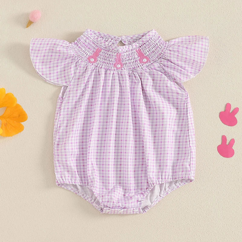 Baby Girls Easter Romper - Rabbit Embroidery Plaid Smocked Jumpsuit