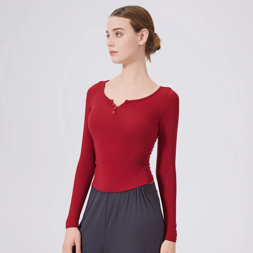 Women's Long Sleeve V-Neck Yoga Shirt - Slim Fit Breathable Workout Top