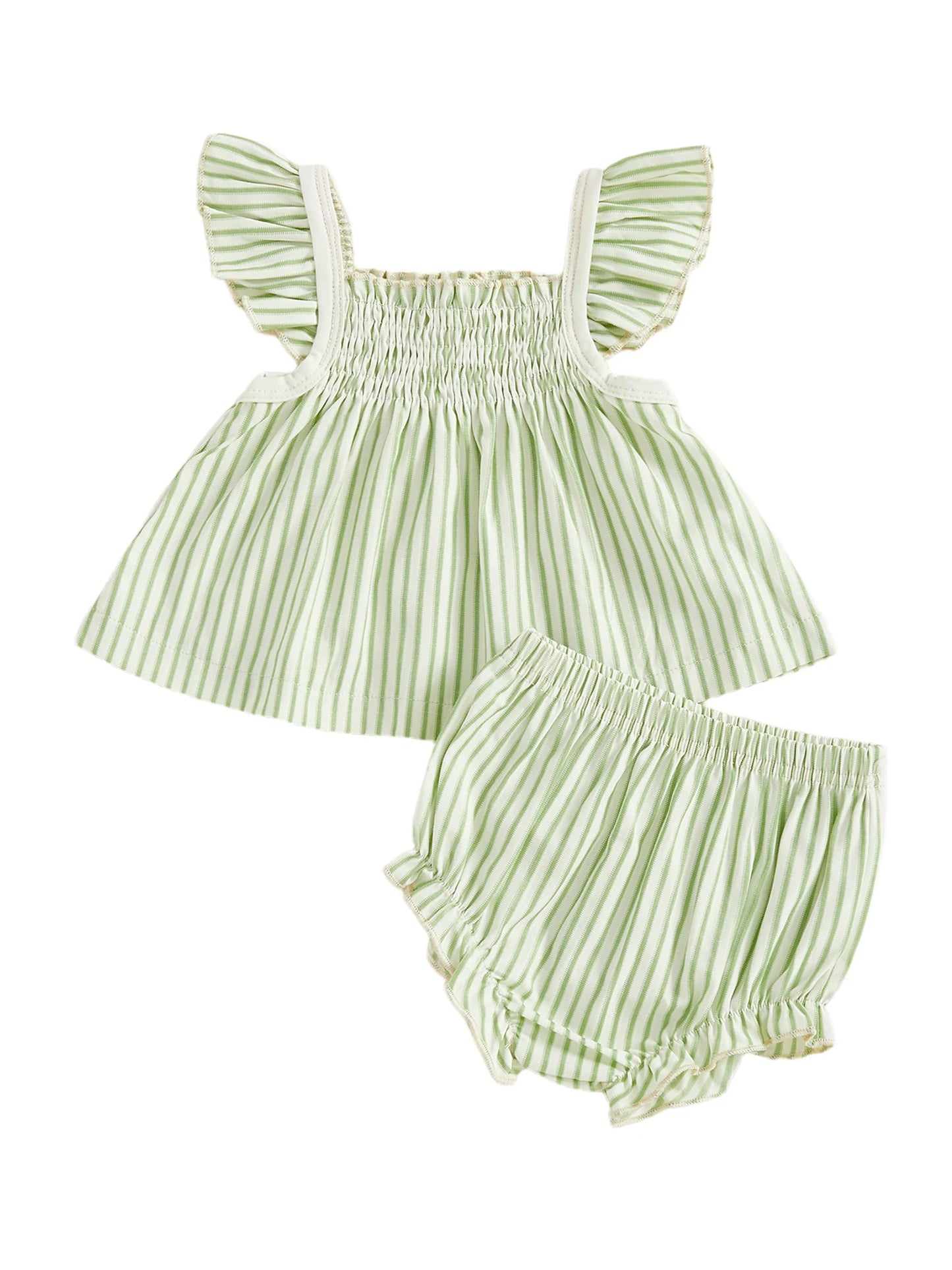 Baby Girls Striped Summer Outfit Set - Flying Sleeve Top & Shorts (0-24M)