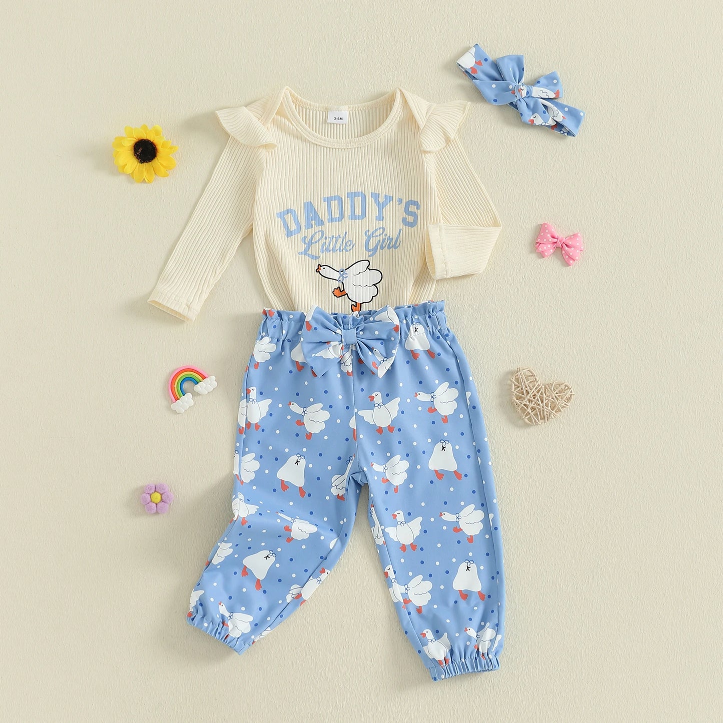 Baby Girls Duck Print Outfit Set - 3-Piece Long Sleeve Romper, Dot Pants & Headband (0-18M)