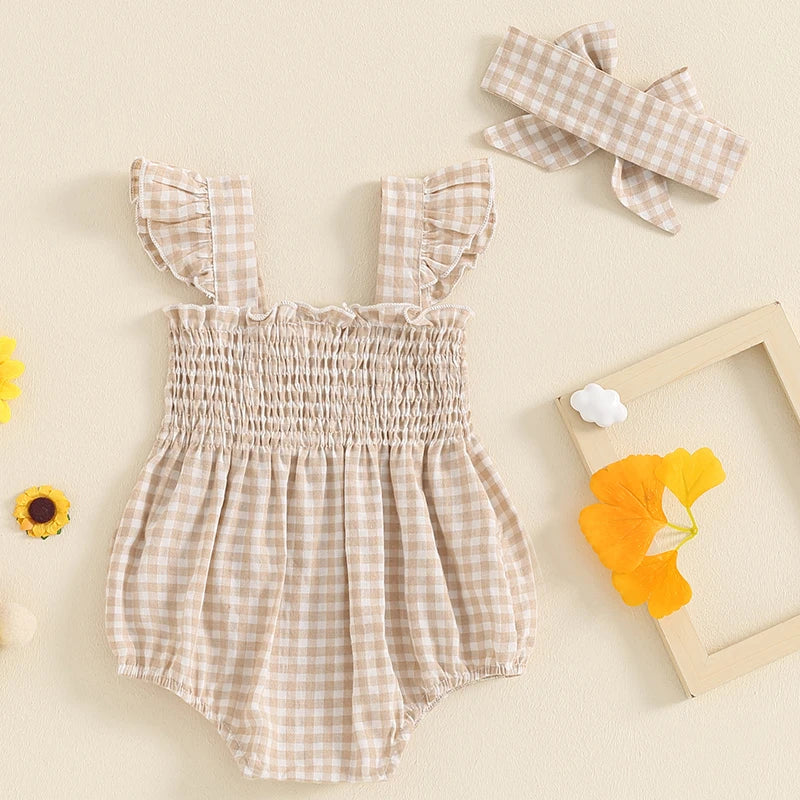 0-18M Baby Girls Summer Romper Outfits Fly Sleeve Plaid Print Ruffles Bowknot Jumpsuits with Headband