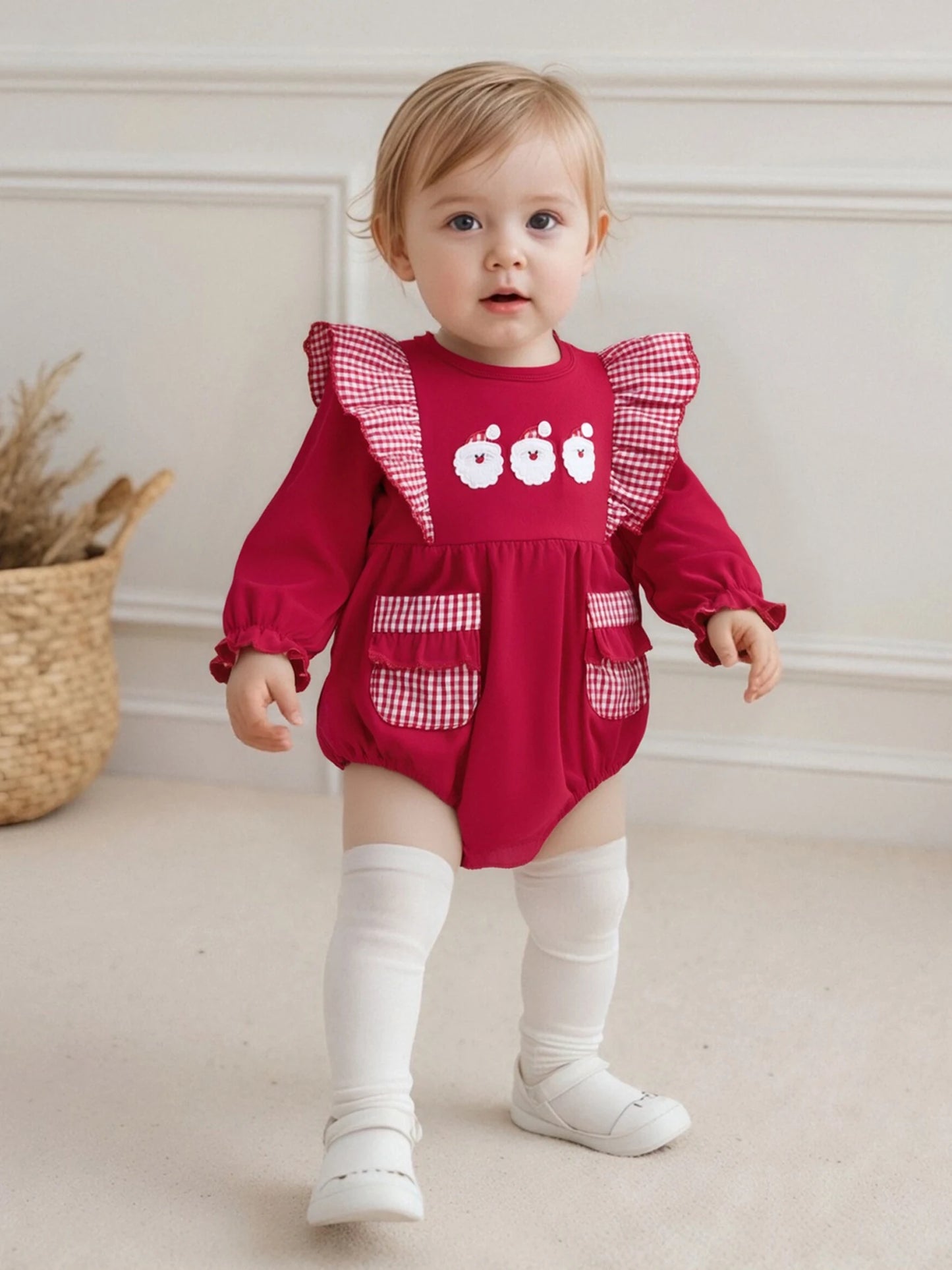 Baby Christmas Romper - Santa Plaid Ruffle Trim Long Sleeve Bodysuit with Pockets (0-18M)