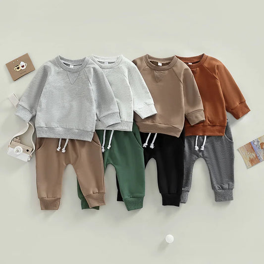Baby Boys Solid Colour Outfit Set - Long Sleeve Sweatshirt & Elastic Pants