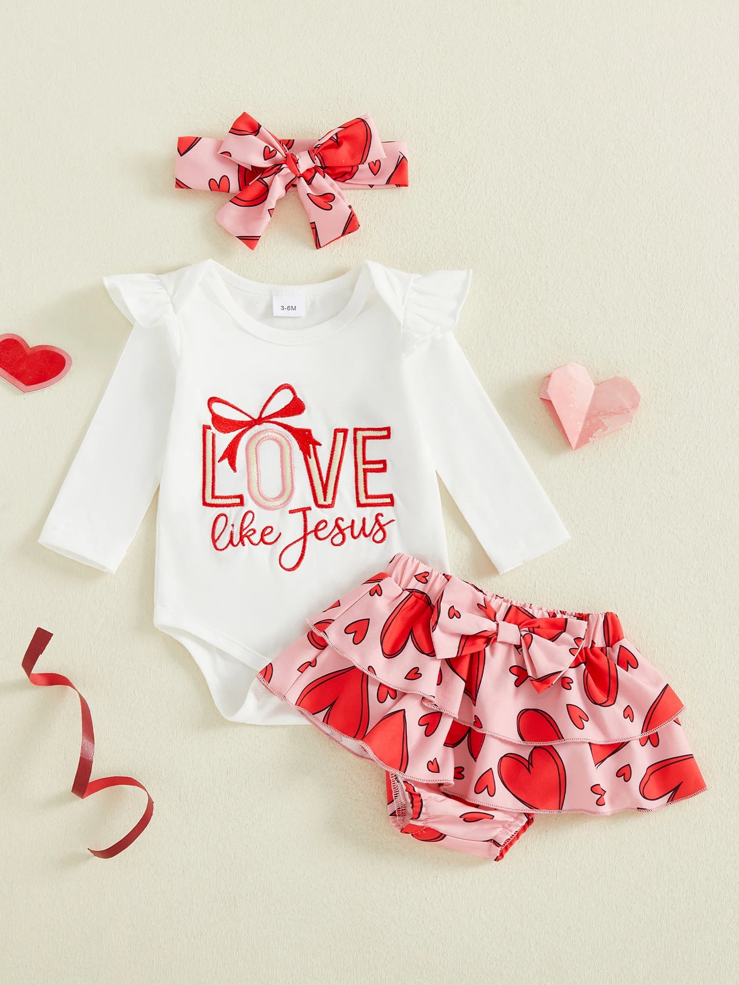 Baby Girls Valentine's Day Letter Embroidery Romper Heart Print Shorts and Hairband Set