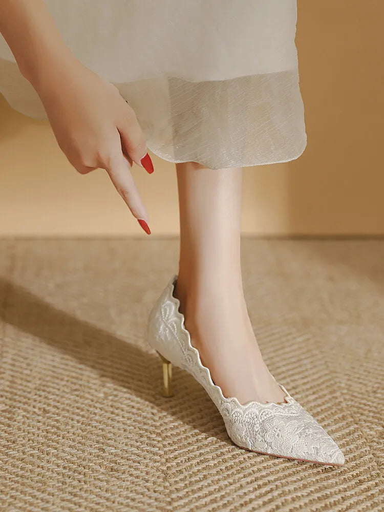 Embroidered Bridal Heels - Pointed Toe Wedding Pumps with 6.5cm Heel