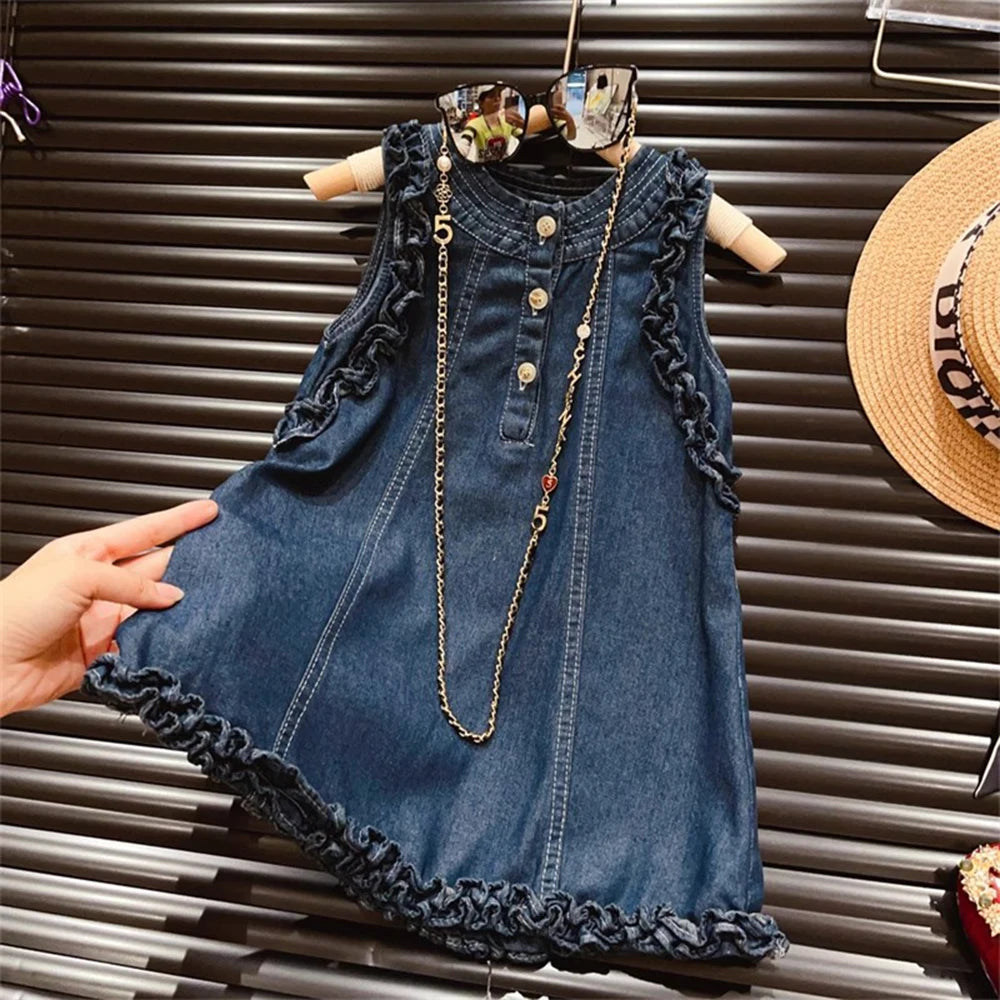 Girls Denim Vest Dress – Frill Edge Three-Button Sleeveless A-Line