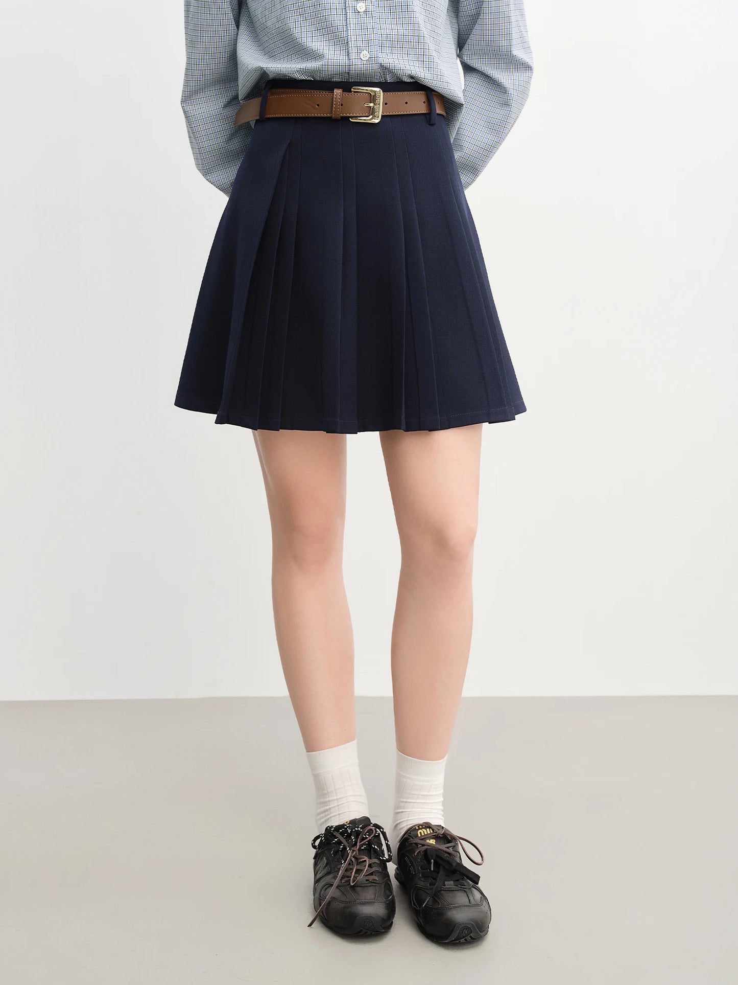 Blue Plaid Shirt & Navy Skirt Set - Long Sleeve Two-Piece