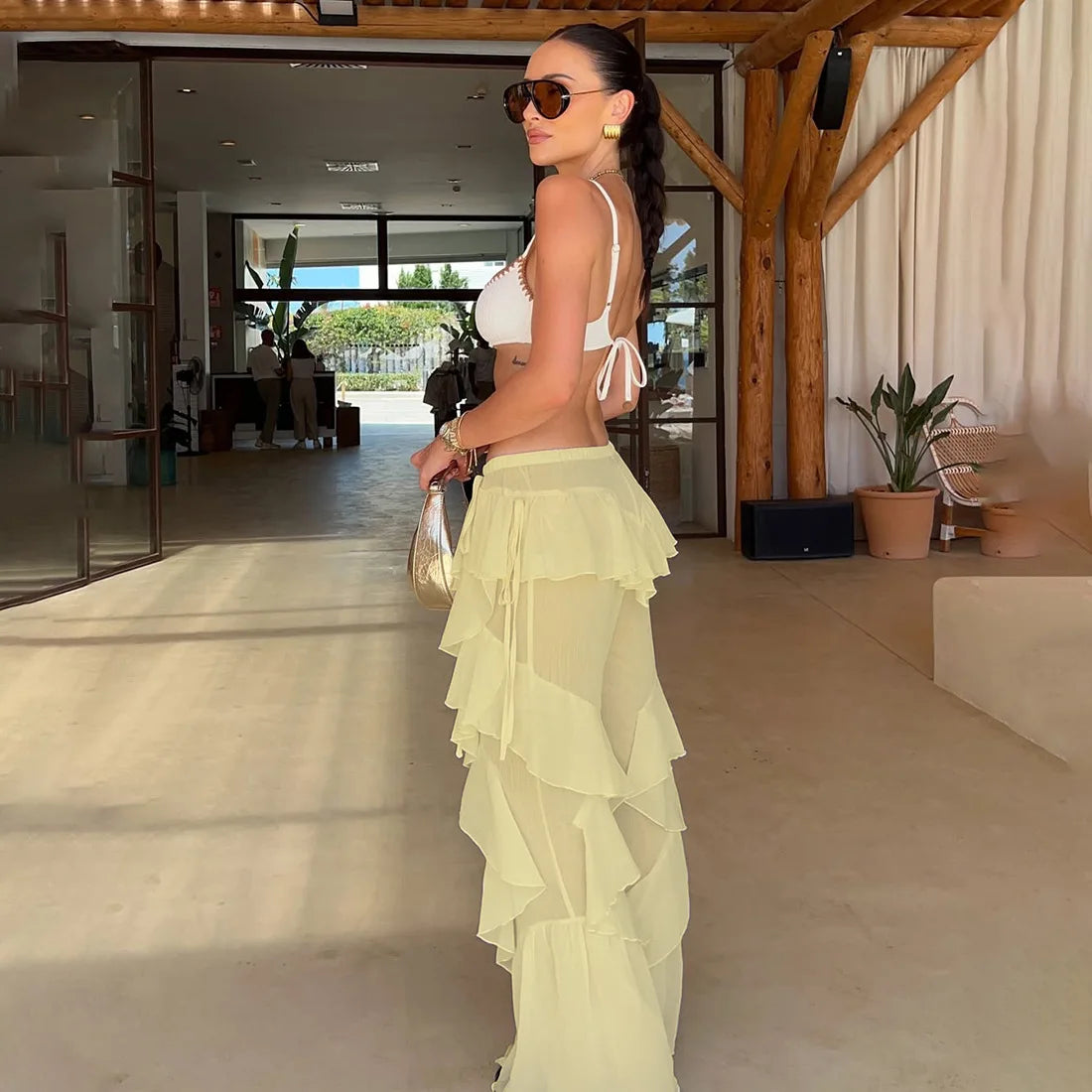 Women's Ruffled Tie Detail Flared Pants - Mesh Sheer Stretch Trousers