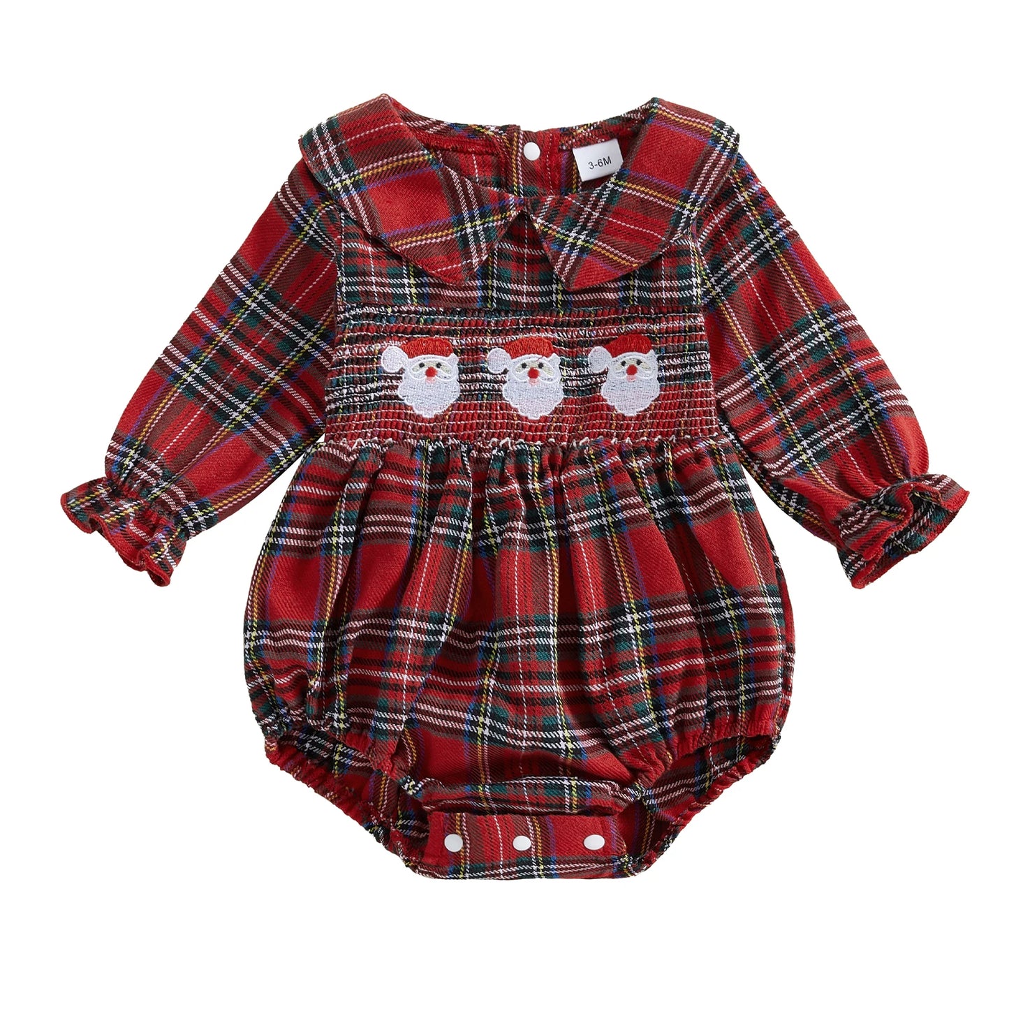 Christmas Santa Embroidery Peter Pan Collar Romper - Baby Girls Plaid Jumpsuit