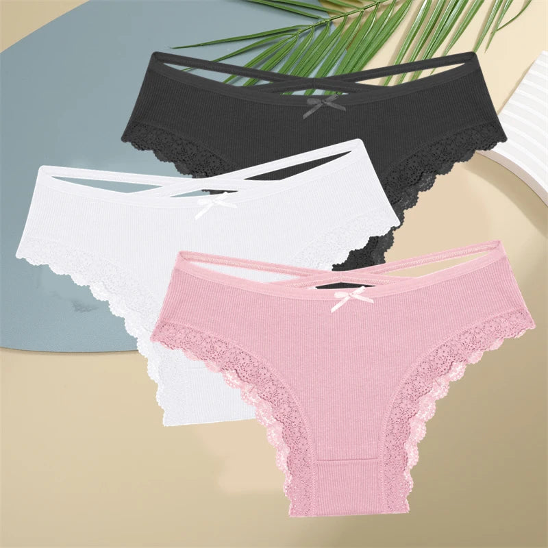 3PCS Women Cotton Underwear Panties Lace Briefs Low-Waist Cross Belt Hollow Out Cozy Lingerie