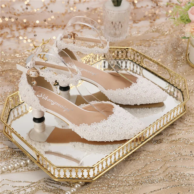 Women's 5cm Round Heel Shaped Heel Pearl Sandals