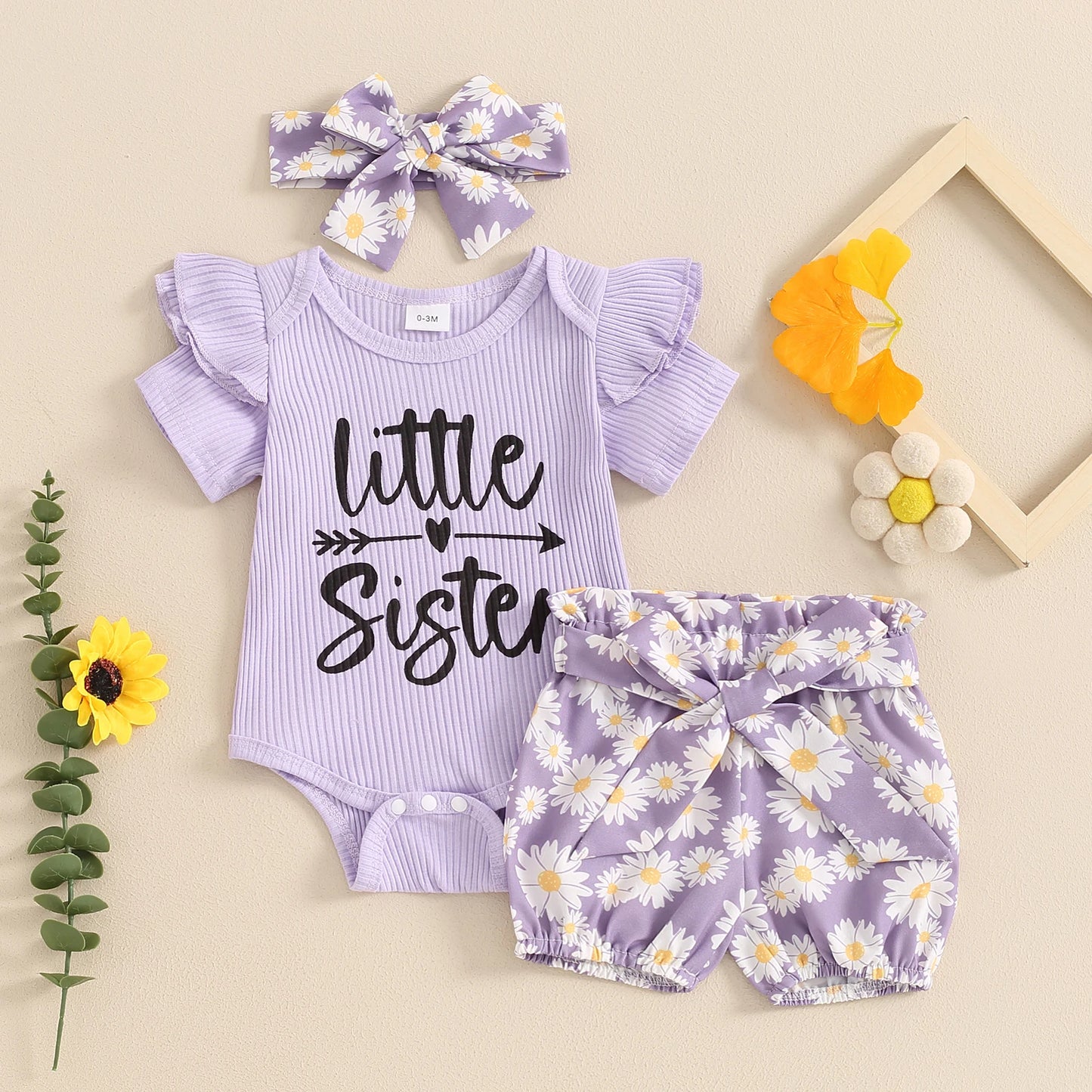 0-24M Baby Girls Summer Clothes Sets 3pcs Letter Print Short Sleeve Romper Sunflowers Shorts with Belt Headband