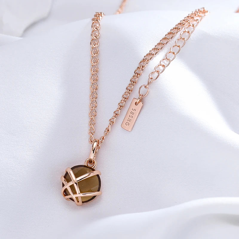 Women's 585 Rose Gold Color Glossy Metal Light Brown Natural Zircon Pendant Necklace