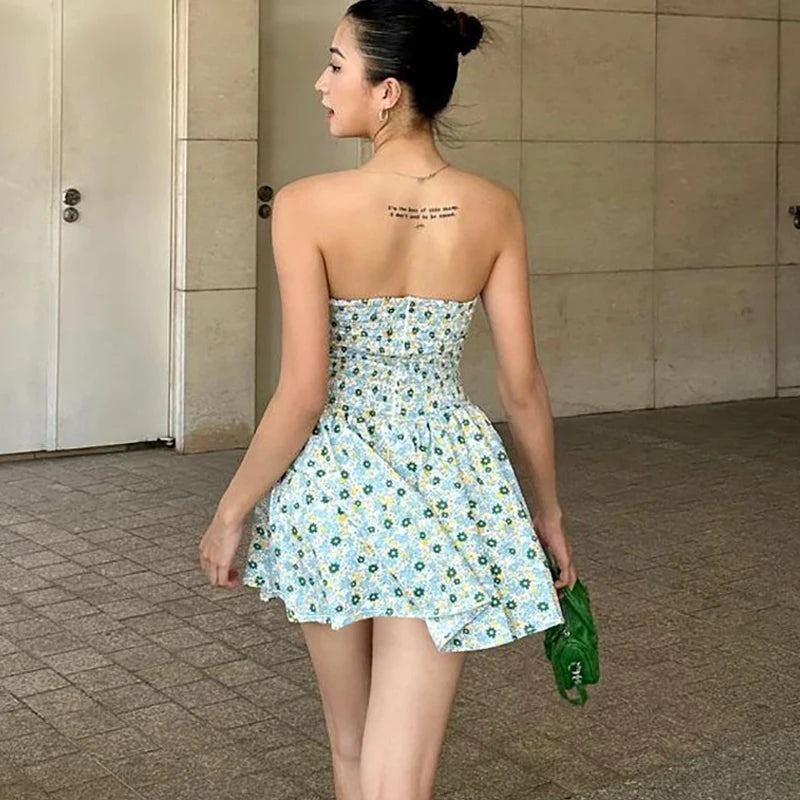 Women's One-Shoulder Slim Strapless Print Dress - High Waisted Sleeveless Backless Ruched Dress