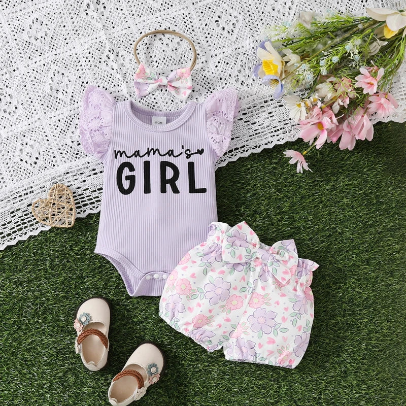 3pcs Baby Girls Summer Clothes Sets - Lace Fly Sleeve Letter Print Ribbed Romper Floral/Fruit Shorts with Headband