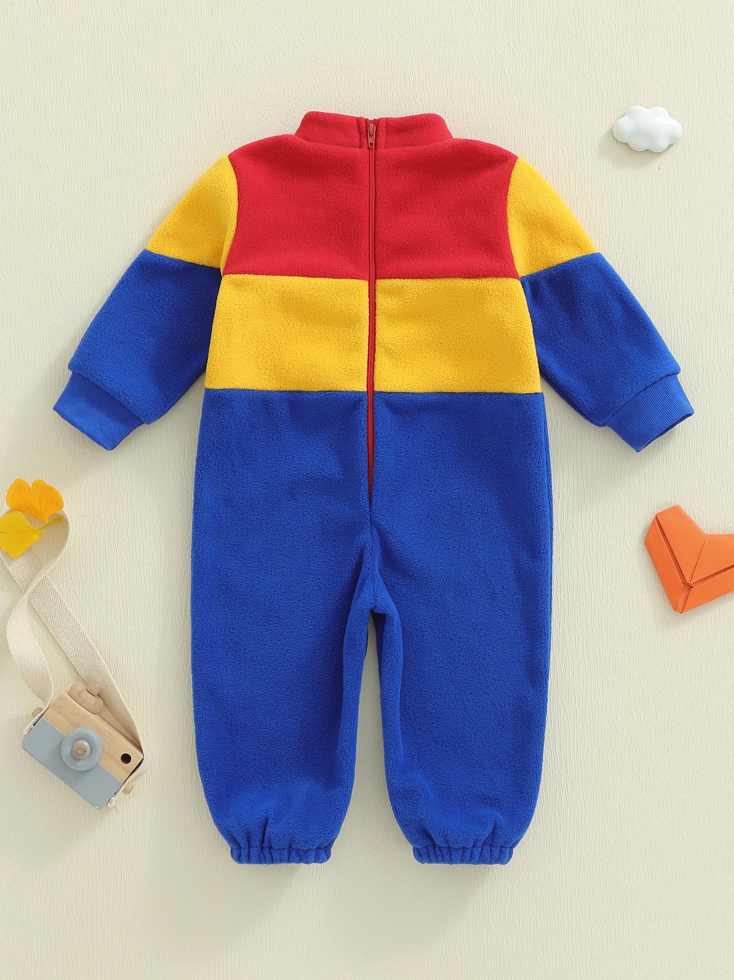 Infant Baby Boys Fall Winter Fleece Romper - Contrast Color Truck Embroidery Mock Neck Jumpsuit