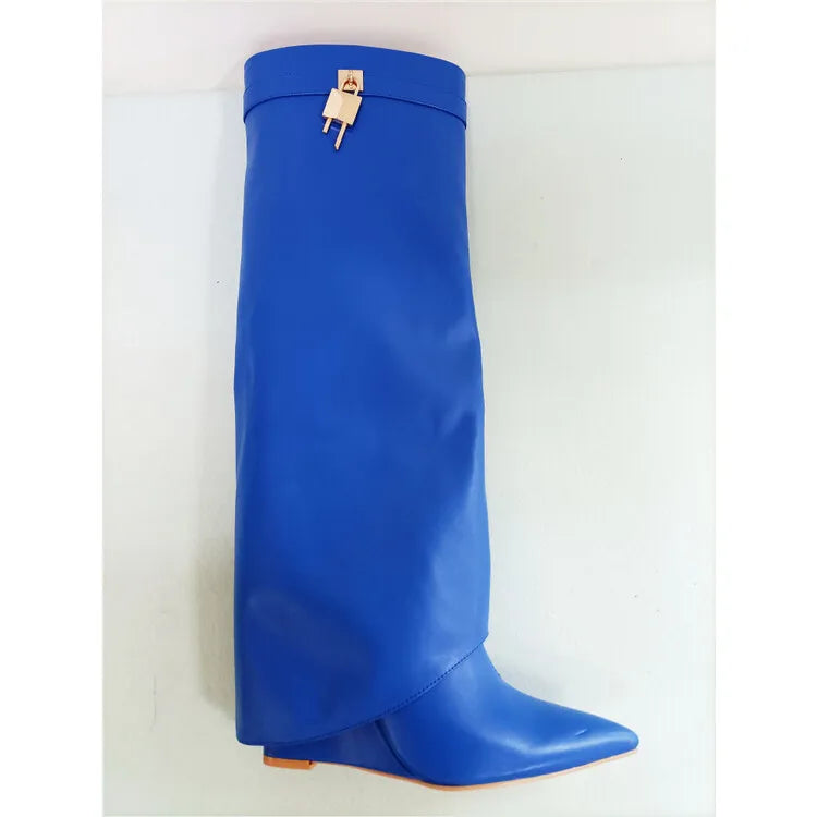 Women's Wedge Leather Mid-Calf Boots - 10cm Heel Metal Buckle Boots