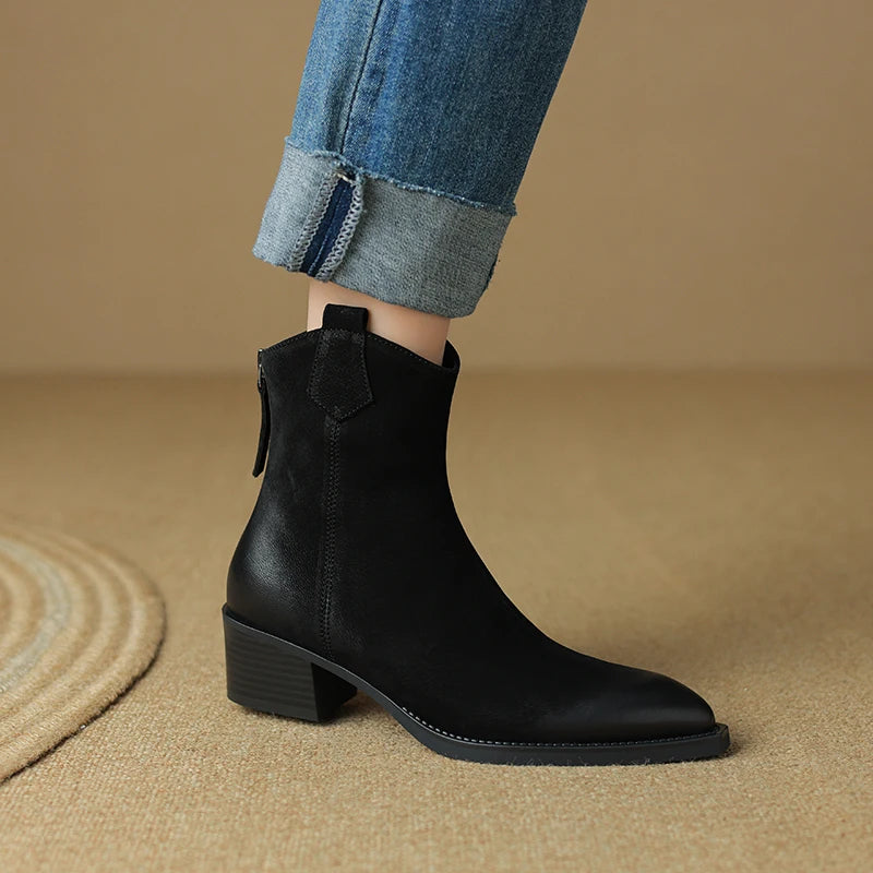 Women's Short Genuine Leather Thick Heels Pointed Toe Ankle Boots