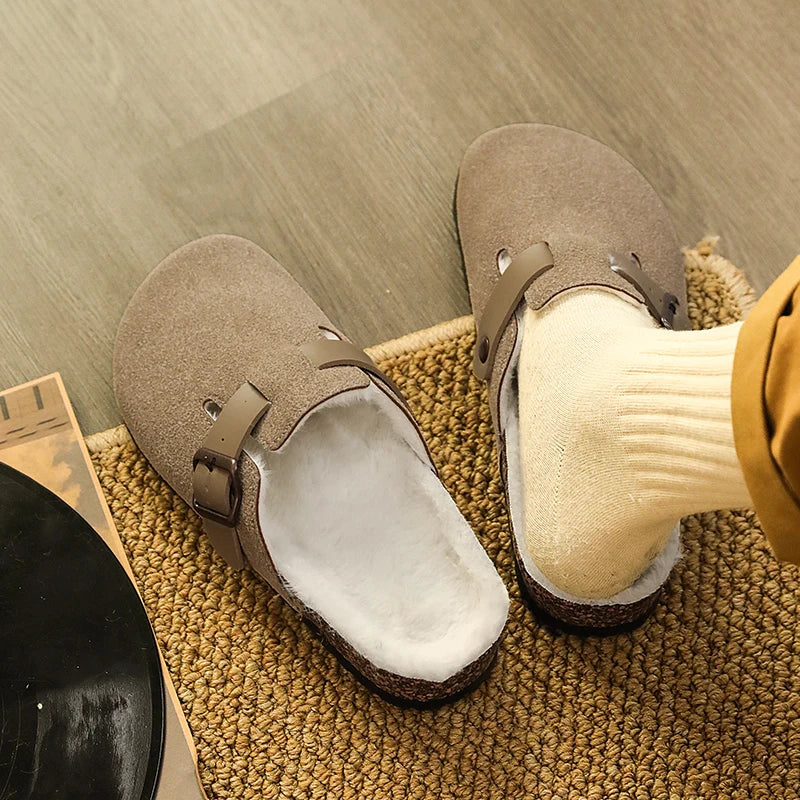 Winter Plush Slippers - Men's Warm Closed Toe Buckle Design Clogs