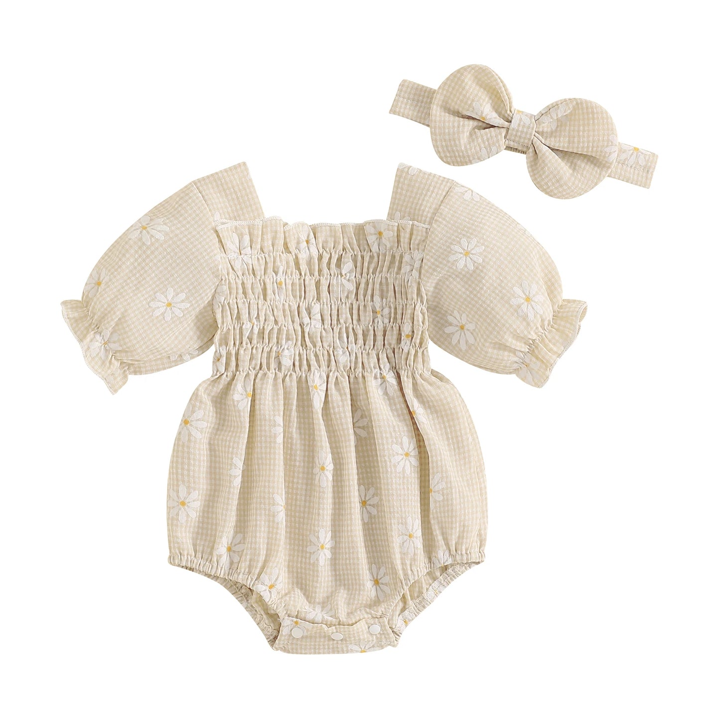 Baby Girls Romper Set with Headband - Plaid Flower Print Short Sleeve Bodysuit 2-Piece