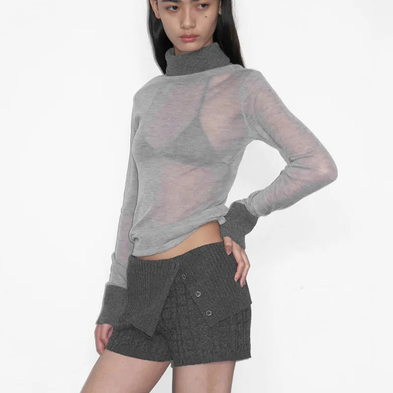 Women's Turtleneck See Through Long Sleeve Chic Elegant Knit Top