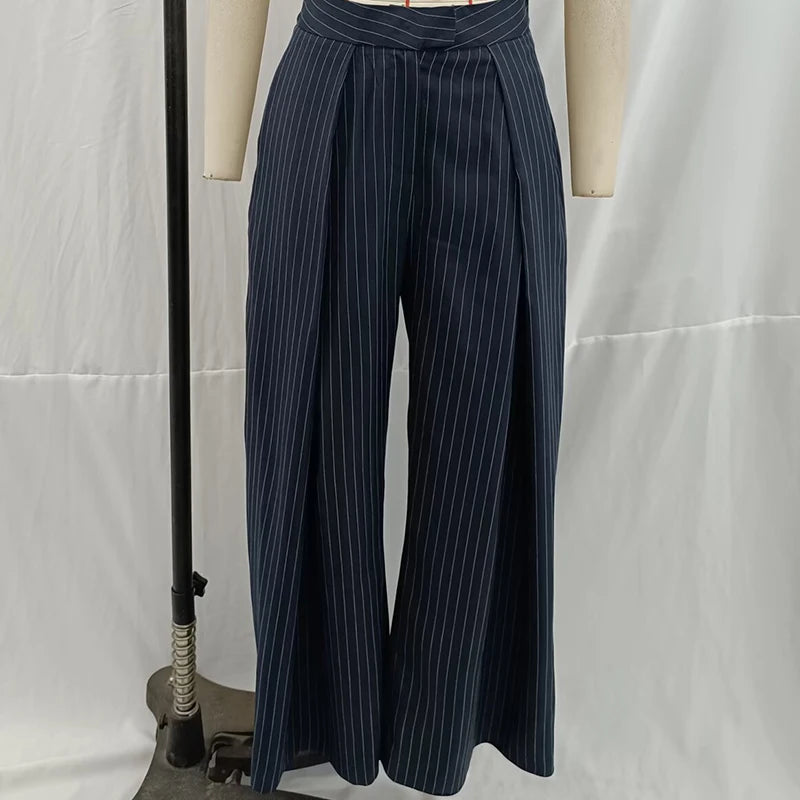 Vintage Striped Pleated Wide Leg Pants - High Waist Office Casual Trousers