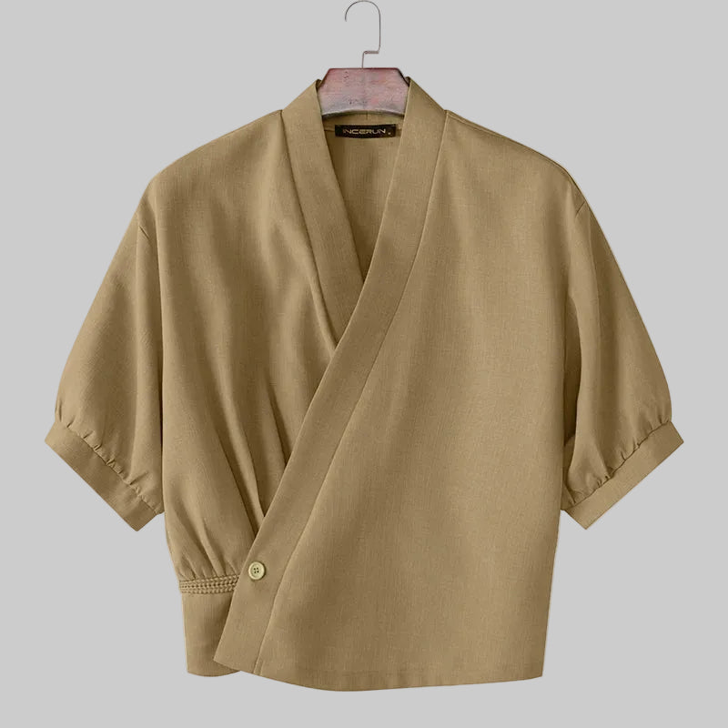 Korean Style Slanted Placket Collarless Long Sleeve Shirt