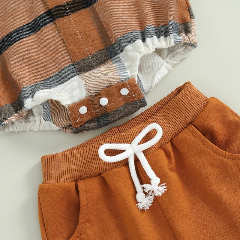 0-24M Baby Boys 2-Piece Clothing Set - Long Sleeve Plaid Hooded Romper with Pants