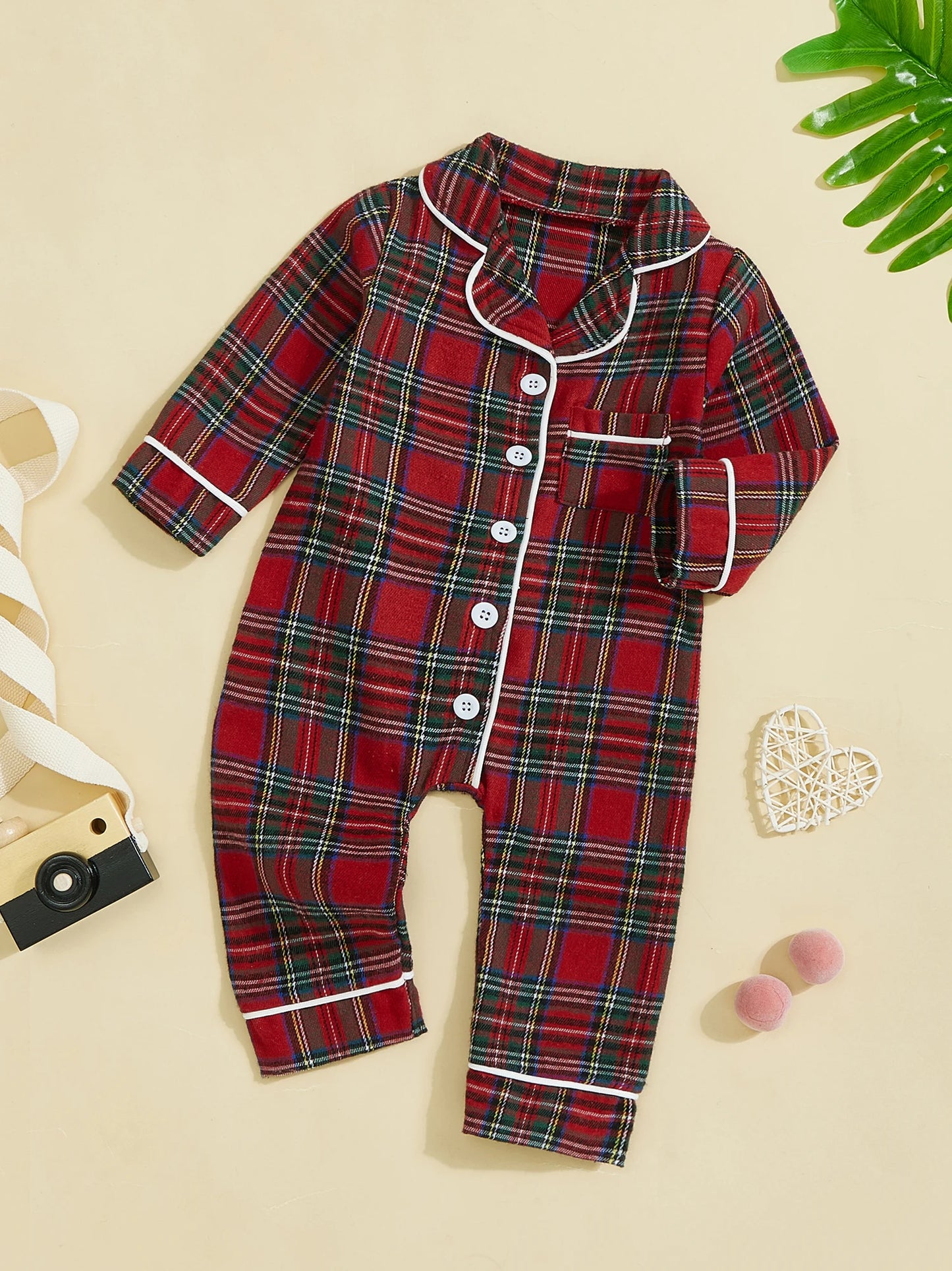 Baby Plaid Pajama Romper - Turn Down Collar Long Sleeve Bodysuit