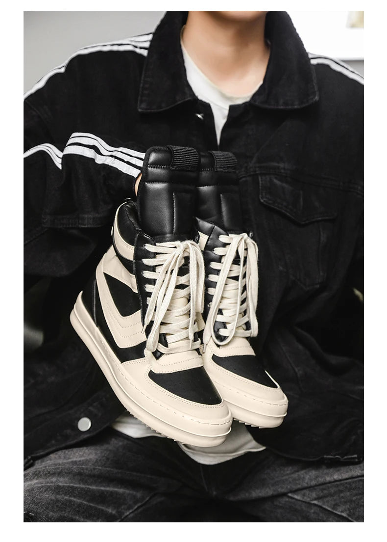 Men's High-Top Leather Sneakers - Lace-Up Ankle Boots