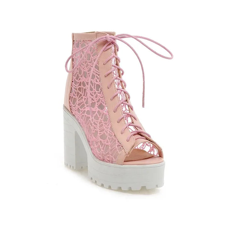 Women's Open Toe Summer Short Back Zipper Leather Mesh Hollow Cool Boots