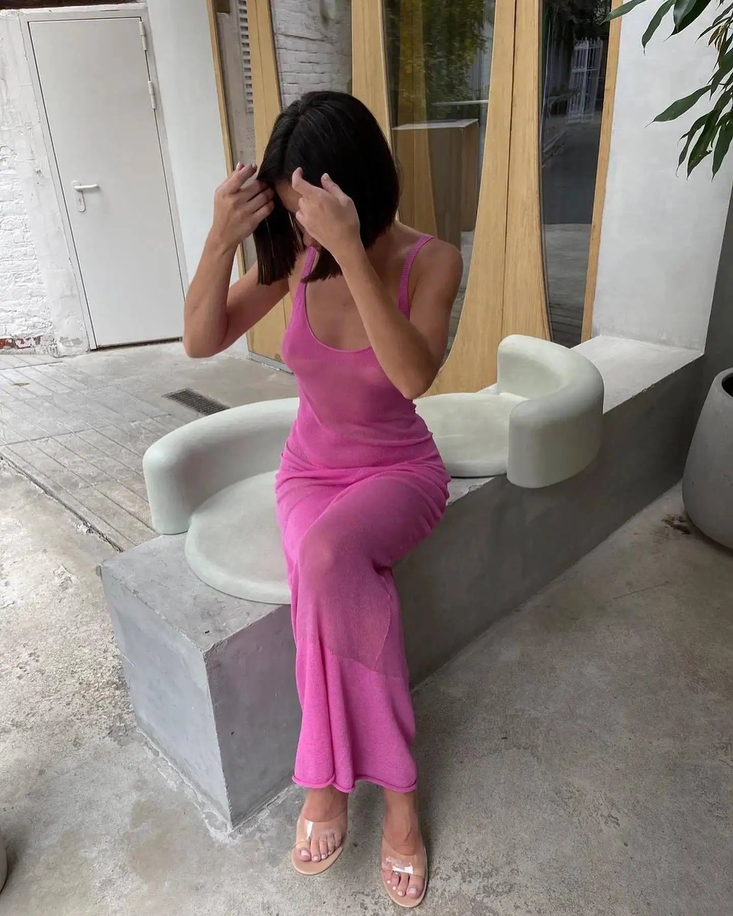 Women's Knitted See Through Beachwear Maxi Dress - Sleeveless Backless Dress