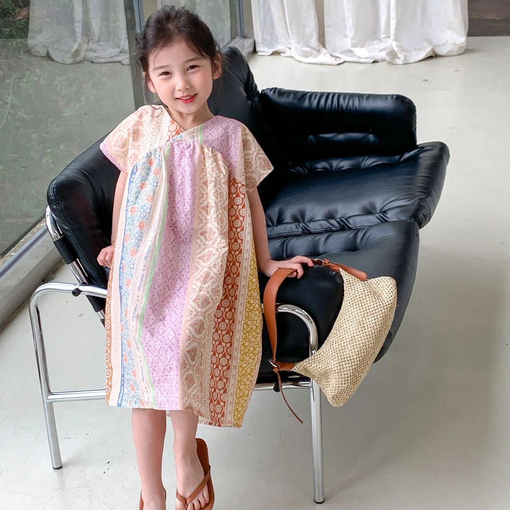 Girl's Summer V-neck Geometric Pattern Printed  Beach Casual Dress