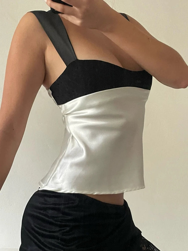 Women's Satin Plunge Crop Top  - Panelled Backless Cropped Vest Top