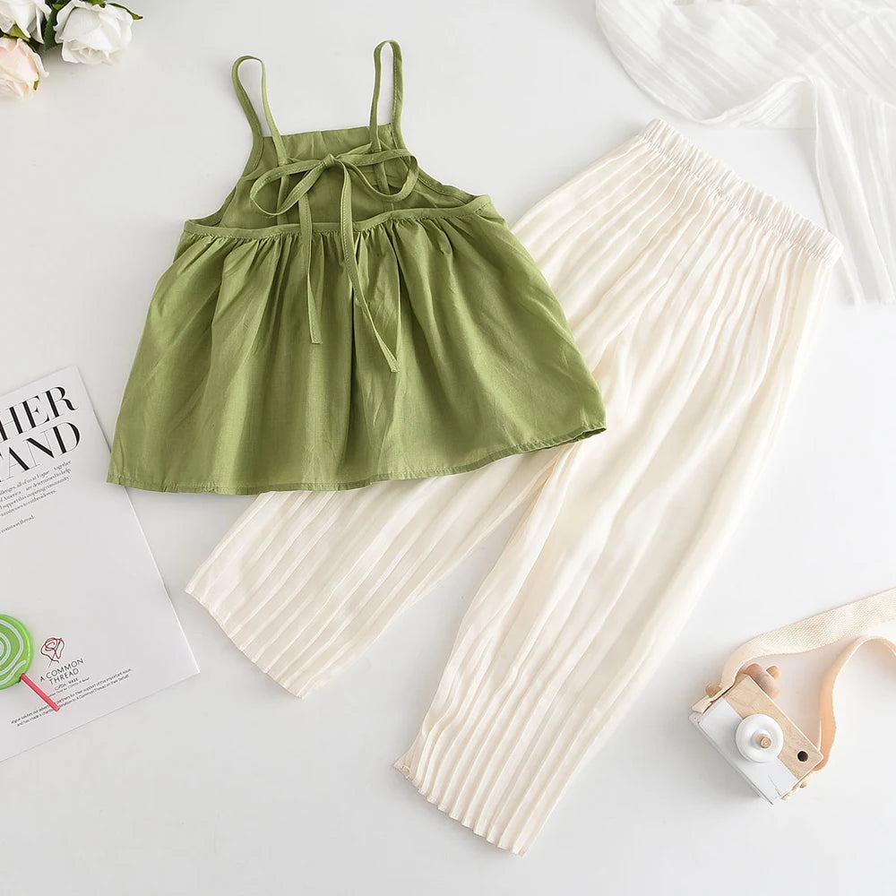 Girls Summer Hollow Suspender Top & Trousers Set – 2-Piece Casual Outfit
