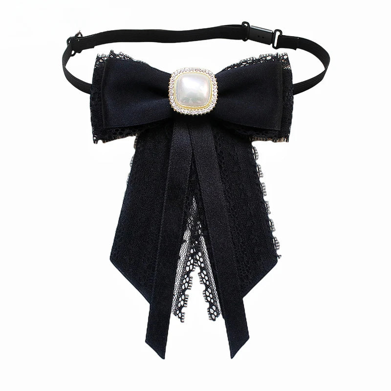 Black Fabric Bow Brooch - College Style Crystal Collar Pin