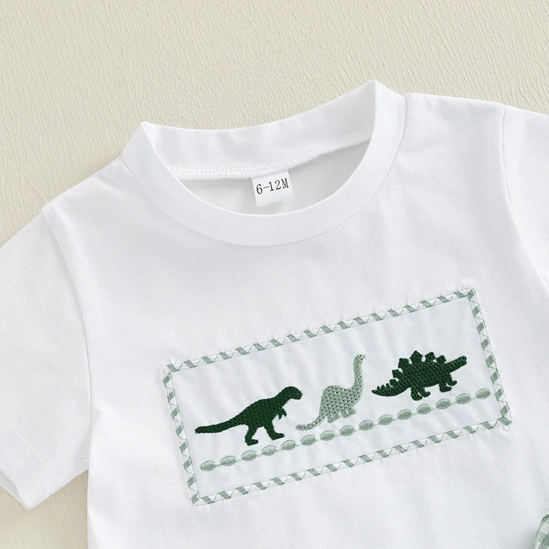 Dinosaur Embroidered T-Shirt & Plaid Shorts Set - Toddler Boys (0-4Y)