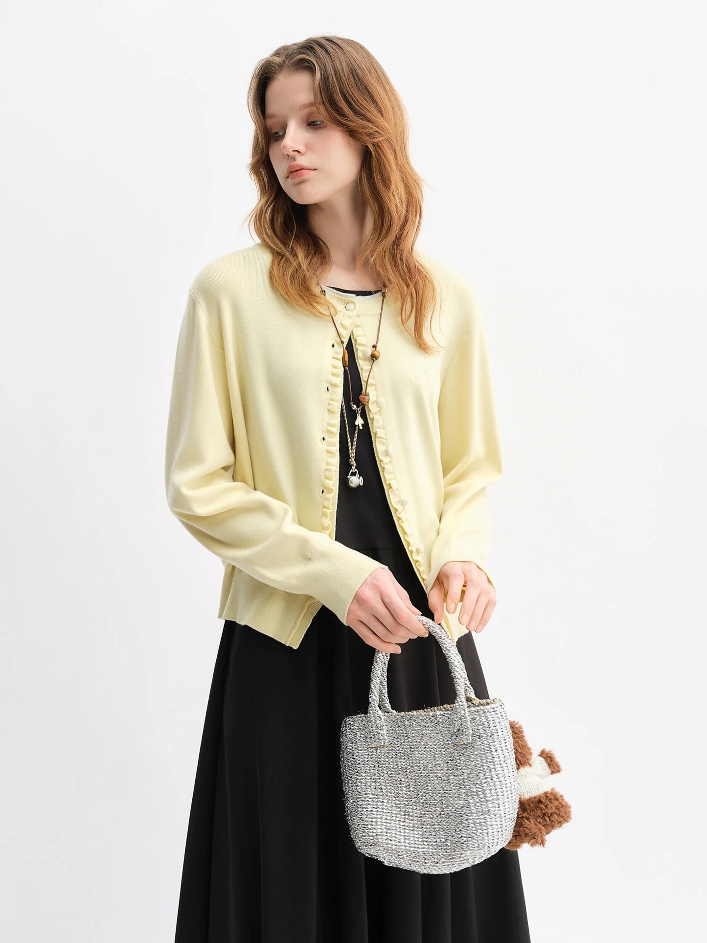 Floral Embroidered Knit Cardigan - Ruffle Trim Loose Fit Cardigan