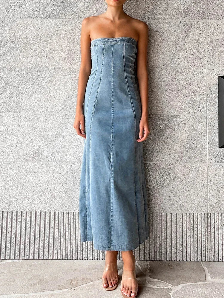 Women's Side Slit Denim Bodycon Sleeveless Maxi Dress