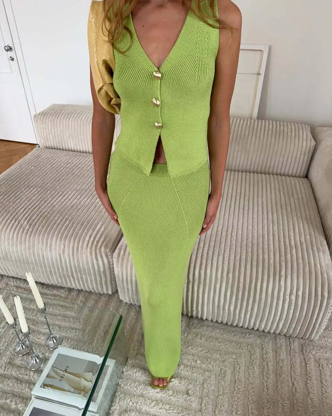 Women's Knitted Sweater Dress Two-Piece Set - Sleeveless V Neck Vest & Maxi Skirt