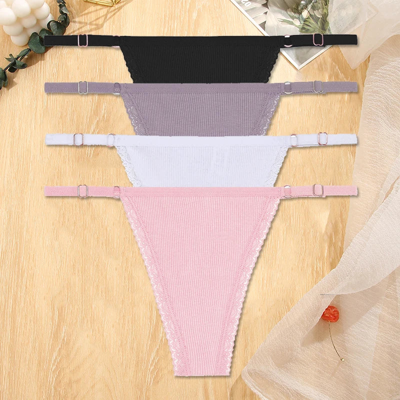 Women's Cotton Thongs 4-Piece Set - Adjustable Waistband Low-Rise Underwear