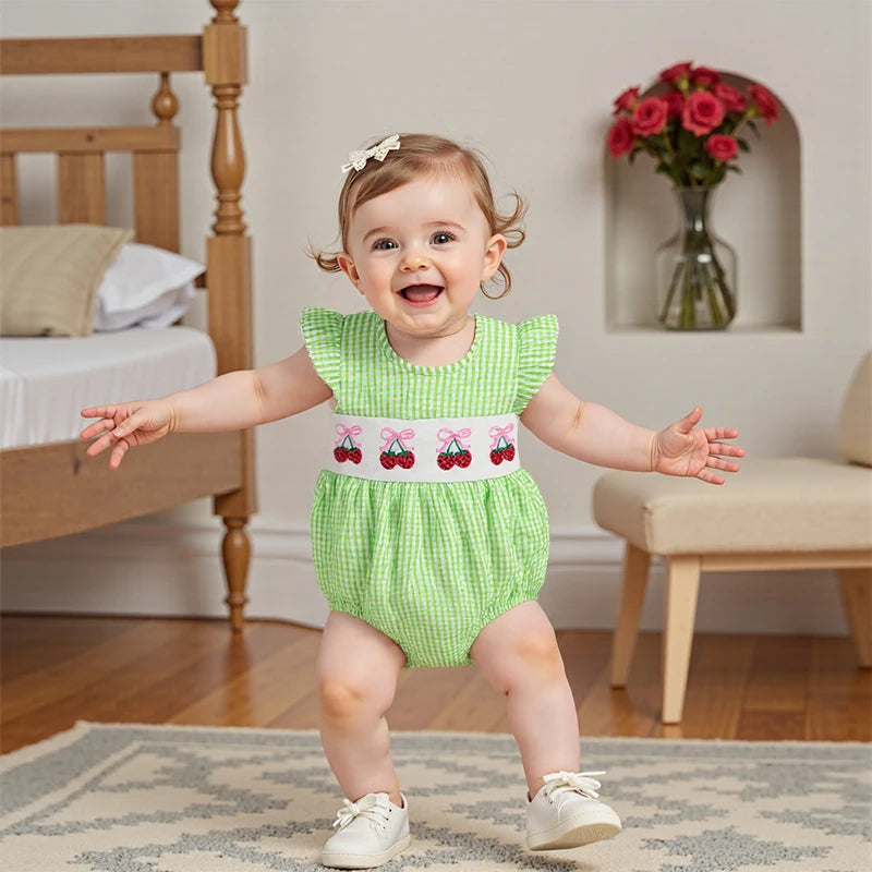 Baby Fruit Embroidery Romper - Ruffles Fly Sleeves Plaid Print Jumpsuit (0-18M)