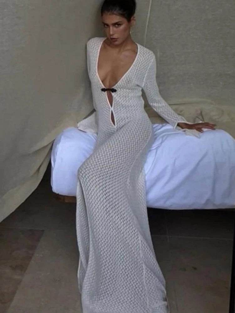 Women's Knitted Maxi Dress Outfit - Long Sleeve See Through Hollow Out Dress