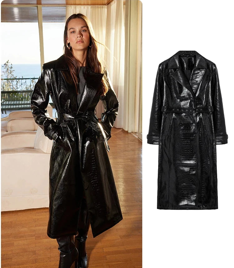 Women's Faux leather long Trench Belted,Regular fit Coat  Jacket