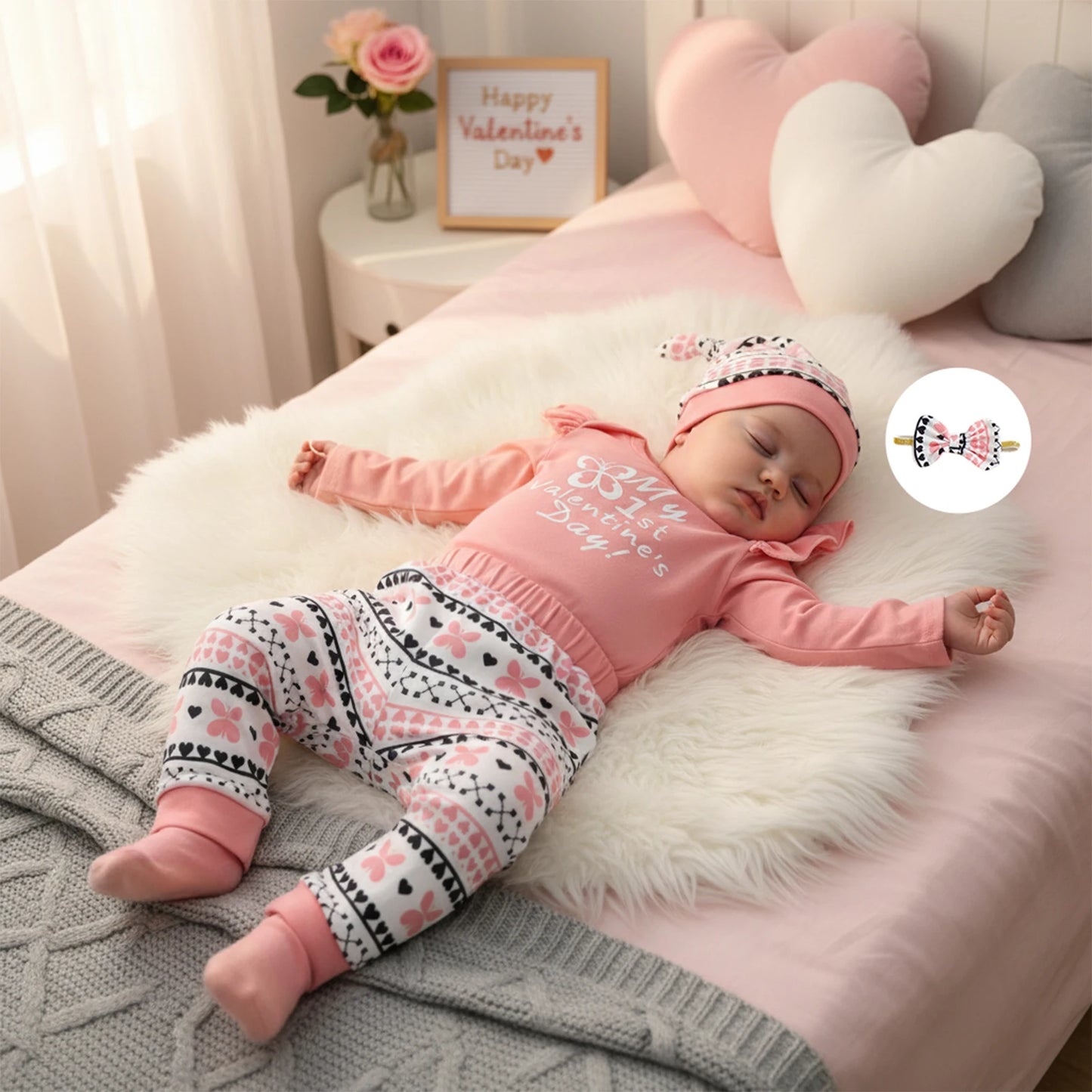 Newborn Baby Girls Boys Valentine's Day Outfit Set - Letter Print Romper with Butterfly Pants & Accessories 0-12M