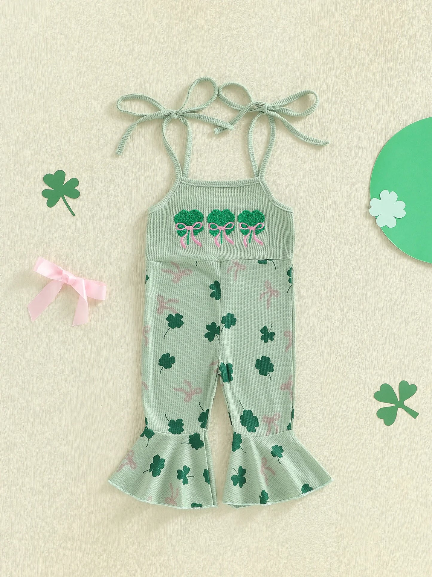 Toddler Kids Irish Flare Pants Overalls - Four-Leaf Clover Bell Bottom Jumpsuit 0-4Y